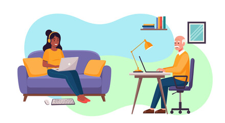 Diverse individuals working remotely on laptops in a comfortable home office setting, illustrating modern work arrangements.