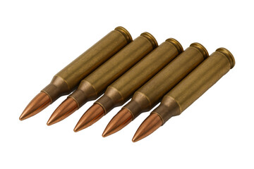 Five high-caliber rifle bullets arranged in a neat row on a white background, showcasing detailed brass casings and copper tips, perfect for military, hunting, or ammunition concepts