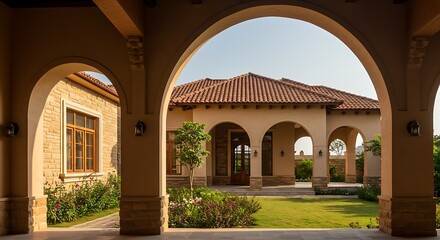 Modern India home exterior designed with Mediterranean villa with terracotta roofing and arches