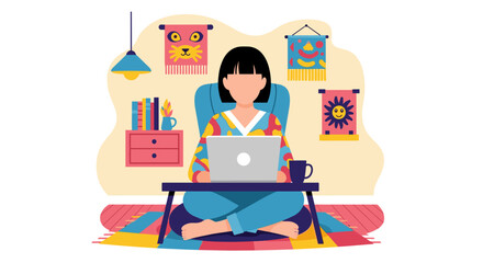 A young woman enjoys a comfortable work-from-home setup, typing on her laptop surrounded by colorful decor and books.