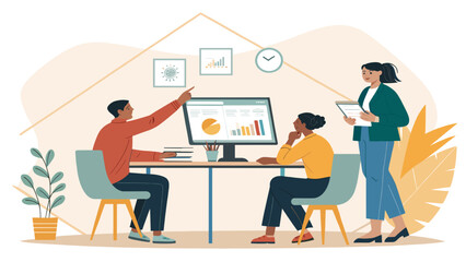 Diverse team collaborates in a modern office, analyzing data and charts on a computer screen for business growth.