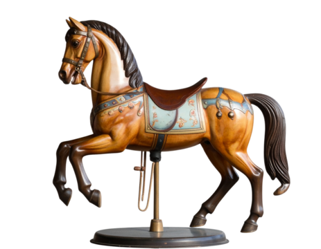 Vintage Carousel Horse with Ornate Painted Saddle, Profile Side View, Isolated 