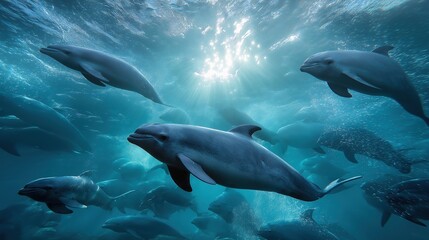 Naklejka premium Graceful silver-blue finless porpoises swimming in the crystal-clear waters of Lianzhou Sea, China, surrounded by vibrant underwater marine life, showcasing serene aquatic ecosystem and natural beauty