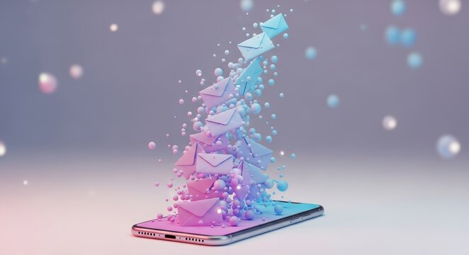 Email communication stream visual representation of messages flowing from a phone interface