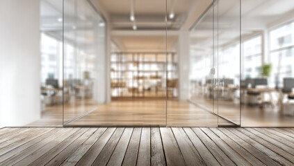 Modern office interior, blurred view through glass walls.  Wooden floor