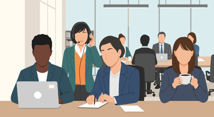 Diverse team of professionals collaborating in a modern office environment, focused on productivity and teamwork.