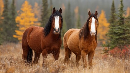 Obraz premium Horses grazing in an autumn landscape surrounded by colorful trees in a serene rural setting