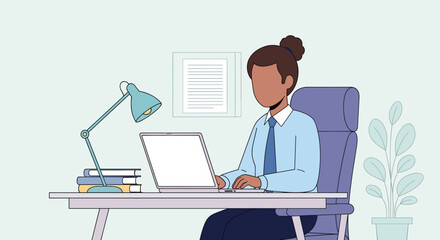 A woman works diligently at her laptop computer in a modern office setting, focused on her tasks.