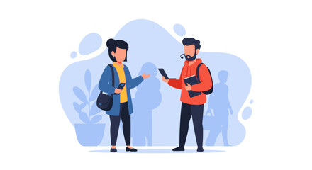 Two people are talking and holding their phones while standing in front of a blurred background.