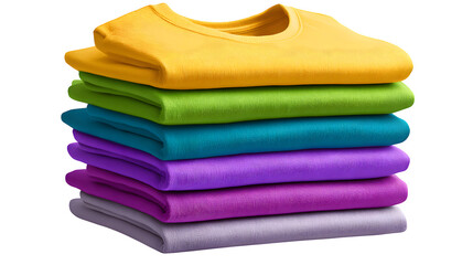 T-shirt bundle mockup, different colors and sizes, stacked neatly, cotton texture, isolated on transparent background