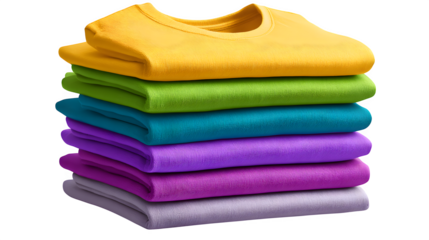 T-shirt bundle mockup, different colors and sizes, stacked neatly, cotton texture, isolated on transparent background