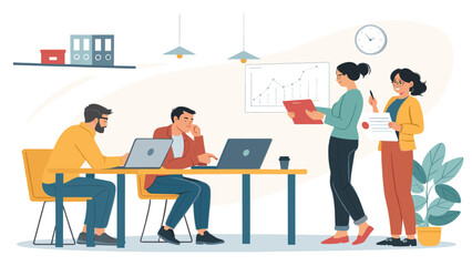 Diverse team collaborates effectively in a modern office setting, discussing project progress and planning future strategies.