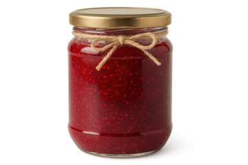 Raspberry jam in a glass jar with golden lid and tied with string, isolated on transparent background