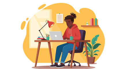 Young person works diligently on a laptop at a desk, illuminated by a desk lamp in a cozy home office environment.