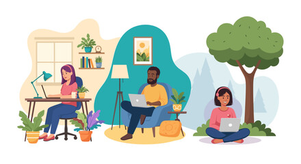 Diverse individuals comfortably work on laptops in various home and outdoor settings, embracing modern remote lifestyles.