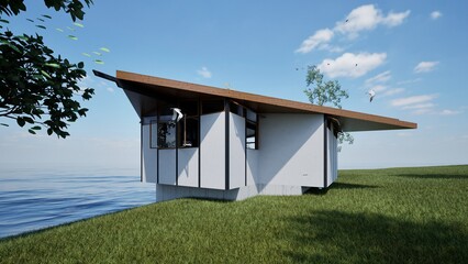 wooden house on the seashore, a place to relax, 3D visualization of the exterior