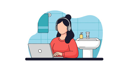 Woman wearing headphones works on laptop in a bathroom, multitasking and remote work concept.