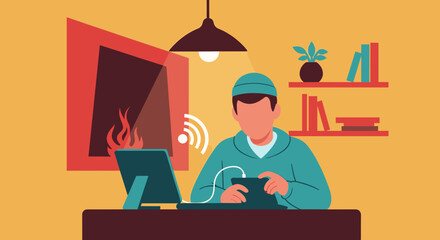 A person enjoys a cozy evening indoors, playing video games by a warm fireplace and desk lamp.