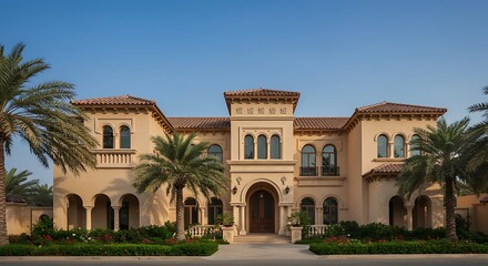 Stunning Dubai home exterior presenting Mediterranean villa with terracotta roofing and arches