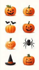 Halloween decorations featuring carved pumpkins, bats, spiders, and a witch hat in a creative arrangement