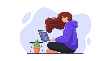 A young woman with flowing brown hair sits comfortably on the floor, intently working on her laptop, embodying modern remote work and digital productivity.