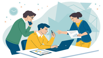 Diverse business team collaborates efficiently in a modern office setting, discussing strategies and using technology.