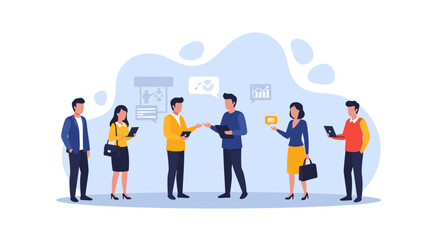 A diverse group of professionals engages in collaborative discussions and successful networking, symbolizing modern business partnerships and effective teamwork.