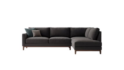 Modern and stylish corner sofa with dark gray upholstery isolated on transparent background for a comfortable living room