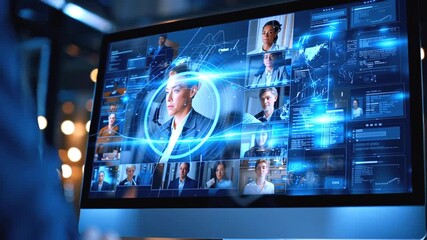 Video conference screen displaying global meeting, businesswoman leading discussion with diverse international colleagues, connecting across continents - Powered by Adobe