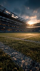 Dramatic sunset casts golden light over a football field before the big game at a modern stadium