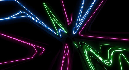 Dynamic Neon Light Trails Abstract Background with Glowing Blue, Green, and Pink Lines on Black, Futuristic Digital Energy Wave Design