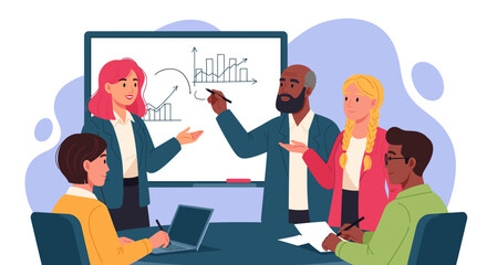 A diverse team of business professionals collaborates in a productive meeting, analyzing growth charts on a whiteboard, discussing strategic plans and fostering teamwork.