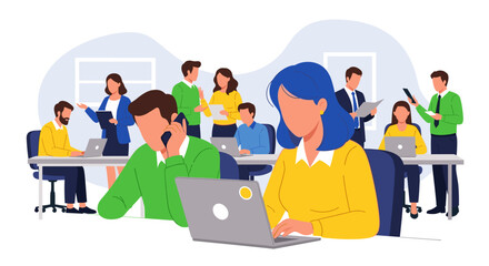 Dynamic illustration of a bustling modern office environment with diverse professionals actively collaborating, working on laptops, and engaging in productive discussions.