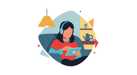 A relaxed individual enjoys digital content through headphones and a tablet while comfortably seated on a sofa in a modern home setting.