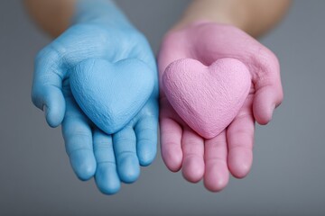 Fototapeta premium Two hands, painted blue and pink, hold small hearts