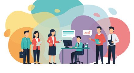 Diverse business professionals are actively collaborating in a modern office space, showcasing teamwork, communication, and strategic planning against a creative backdrop.