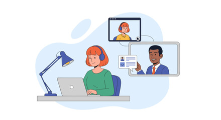 A young woman wearing headphones engages in a virtual video conference call on her laptop, collaborating remotely with colleagues from her home office setup.