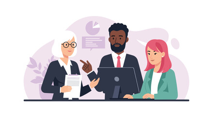 A diverse team of professionals collaborates on a new project, discussing strategies and analyzing data in a modern office environment.