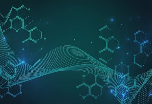 Abstract background with glowing chemical molecular structures and digital wave pattern in teal and blue hues