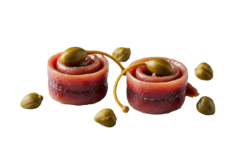 Two exquisitely rolled anchovy fillets with vibrant green capers, macro shot on a seamless transparent background with soft shadows, concept of gourmet food photography