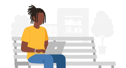 A focused young person with dreadlocks sits on a park bench, diligently working on their laptop in a serene outdoor setting, embracing remote productivity.