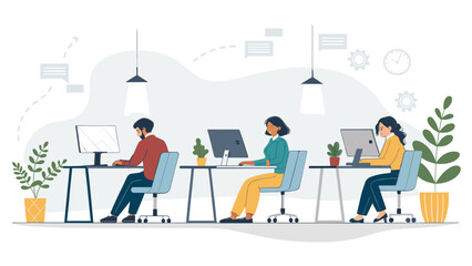 Diverse professionals are diligently working on computers at their desks in a modern, collaborative office environment, fostering productivity and teamwork.