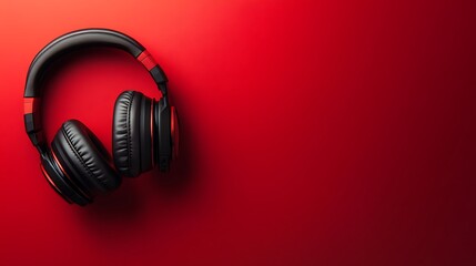 Stylish gaming headset on the left, solid red background, professional branding space 