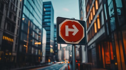 Modern road sign with arrows guides drivers toward city center.