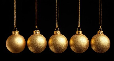 Five gold Christmas ornaments, hanging from thin gold strings, against a black background