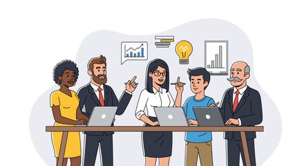 A diverse team of professionals collaborates on laptops during a productive business meeting, brainstorming innovative ideas and analyzing data for strategic growth.