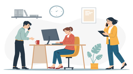 A diverse team of professionals collaborates efficiently in a modern office environment, engaging in tasks like computer work and phone conversations.