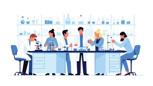 Team of scientists conducting research in a modern laboratory. Flat vector illustration for science and technology concepts. Eps file.