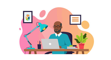 A focused African American man works on his laptop at a modern home office desk, surrounded by contemporary decor, symbolizing remote productivity.