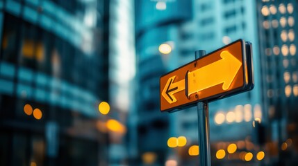 Modern road sign with arrows guides drivers toward city center.